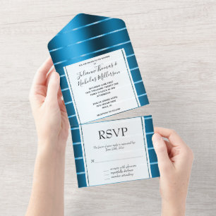 Royal Blue Gold Ribbon Wedding All In One Invitation