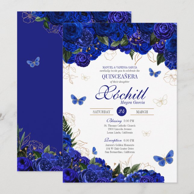 Royal Blue Gold Rose Butterfly Elegant Quinceanera Invitation (Front/Back)
