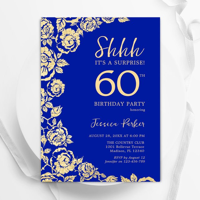 Royal Blue Gold Roses Surprise 60th Birthday Invitation (Creator Uploaded)