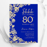 Royal Blue Gold Roses Surprise 80th Birthday Invitation<br><div class="desc">Royal Blue Gold Floral Surprise 80th Birthday Party Invitation. Elegant design featuring roses,  faux gold foil and typography script font. Trendy invite card perfect for a stylish female bday celebration. Can be customized to any age. Printed Zazzle invitations or instant download digital printable template.</div>