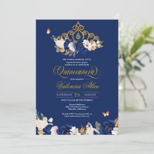 Royal Blue Gold Roses Tiara Butterfly Quinceañera Invitation