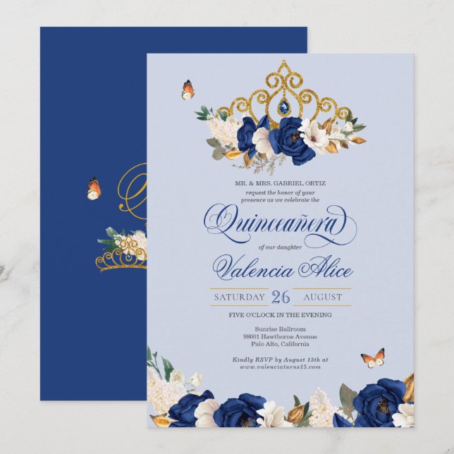 Royal Blue Gold Roses Tiara Butterfly Quinceañera Invitation (Front/Back)