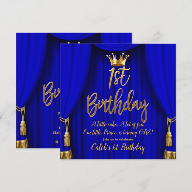 Royal Blue & Gold Royal Crown Prince 1st Birthday Invitation (Front/Back)