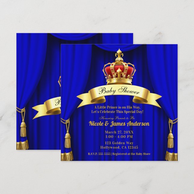 Royal Blue Gold Royal Red Crown Prince Baby Shower Invitation (Front/Back)