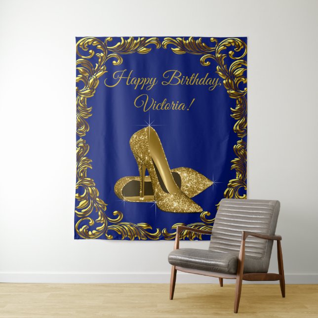 Royal Blue Gold Shoe Birthday Party L Backdrop Tapestry (In Situ)