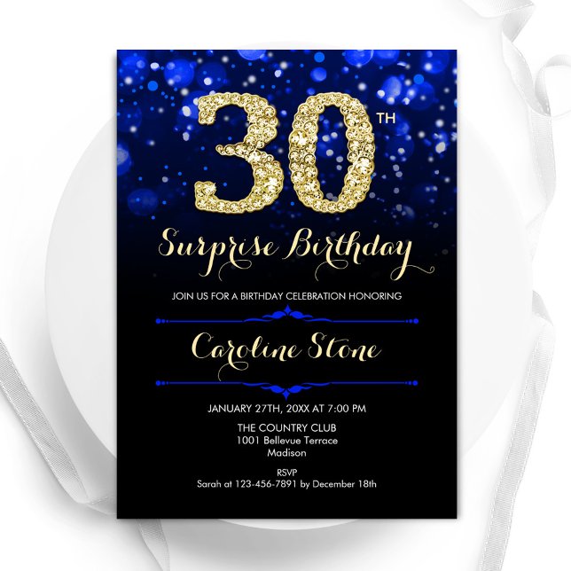 Royal Blue Gold Surprise 30th Birthday Invitation (Creator Uploaded)