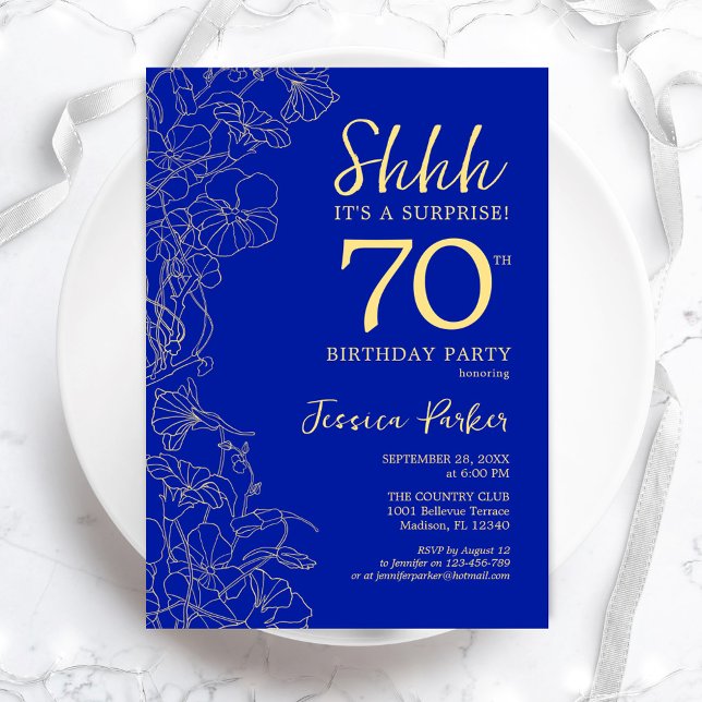 Royal Blue Gold Surprise 70th Birthday Invitation (Creator Uploaded)