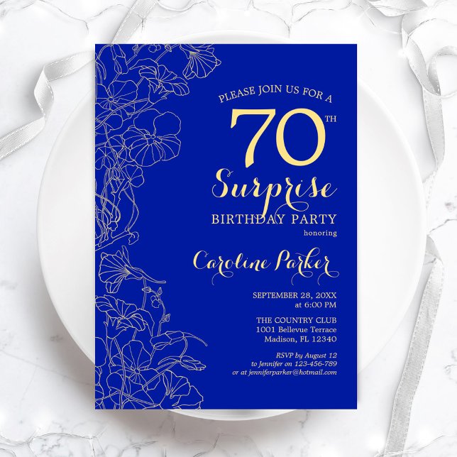Royal Blue Gold Surprise 70th Birthday Party Invitation (Creator Uploaded)