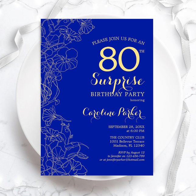 Royal Blue Gold Surprise 80th Birthday Party Invitation (Creator Uploaded)