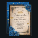 Royal Blue Gold Watercolor Elegant Quinceanera Invitation<br><div class="desc">Elegant royal blue and gold quinceanera invitations that can be personalized for your sweet 15 birthday party, wedding, or other special celebrations. The beautiful design incorporates glitter gold butterfly confetti and navy blue watercolor roses illustrated by Raphaela Wilson. The fancy vintage gown/dresses border accents the rich parchment paper on the...</div>