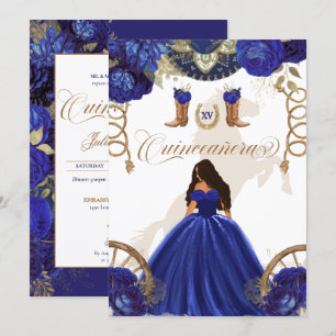 Royal Blue Gold Western Charro 2-Sided Quinceanera Invitation