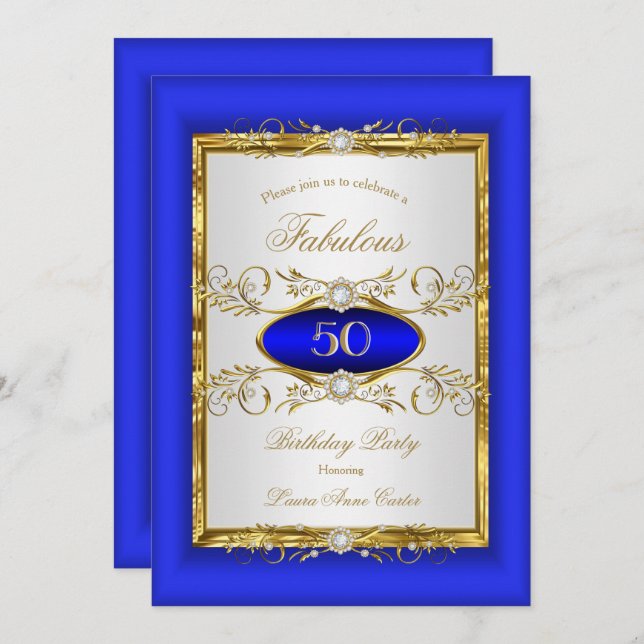 Royal Blue Gold White Diamond Birthday Party Invitation (Front/Back)