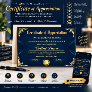 Royal Blue Gold Years of Service Award Certificate Poster