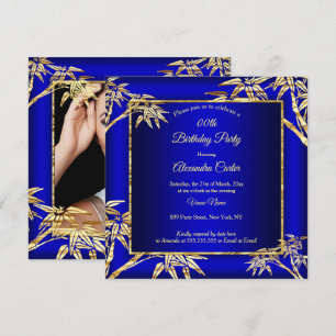 Royal Blue Golden Bamboo photo Birthday Party Invitation