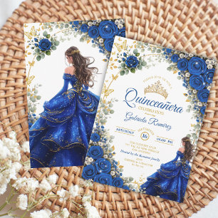 Royal Blue Golden Butterflies Quinceañera Invitation