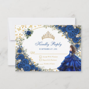 Royal Blue Golden Butterflies Quinceañera RSVP Card