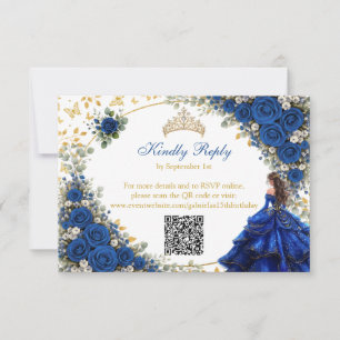 Royal Blue Golden Butterflies Quinceañera RSVP Card