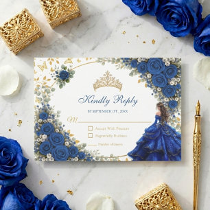 Royal Blue Golden Butterflies Quinceañera  RSVP Card