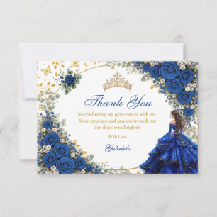 Royal Blue Golden Butterflies Quinceañera  Thank You Card