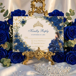 Royal Blue Golden Butterfly Quinceañera RSVP Card