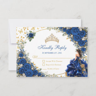 Royal Blue Golden Butterfly Quinceañera  RSVP Card