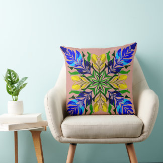 Royal Blue & Golden Floral MandalaBoho Botanical Throw Pillow