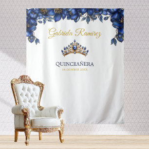 Royal Blue Golden Floral Quinceañera Backdrop Tapestry