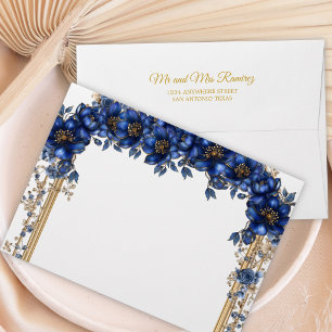 Royal Blue Golden Tiara Floral Quinceañera Envelope