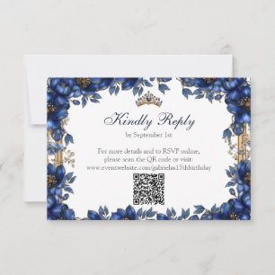 Royal Blue Golden Tiara Floral Quinceañera RSVP Card