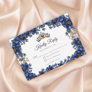 Royal Blue Golden Tiara Floral Quinceañera RSVP Card