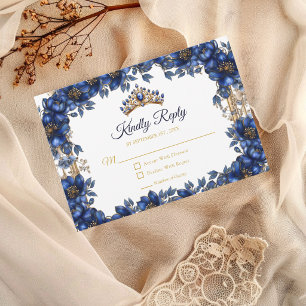 Royal Blue Golden Tiara Floral Quinceañera RSVP Card