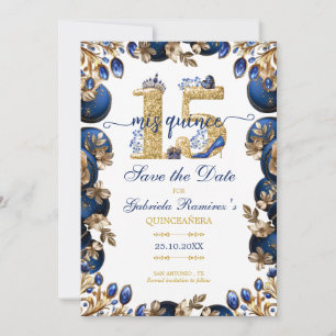 Royal Blue Golden Tiara Floral Quinceañera Save The Date