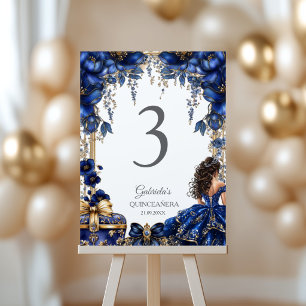Royal Blue Golden Tiara Floral Quinceañera Table Number