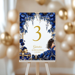 Royal Blue Golden Tiara Floral Quinceañera  Table Number
