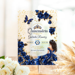 Royal Blue Golden Tiara Roses Quinceañera Acrylic Invitations