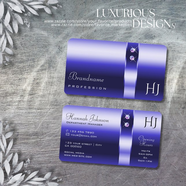 Royal Blue Gradient Shimmering Diamonds Initials Business Card (Creator Uploaded)