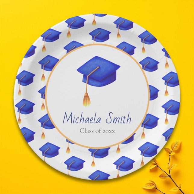 Royal Blue Graduation Cap Patterned Personalized Paper Plate (Royal Blue Graduation Cap Patterned Personalized Paper Plate)