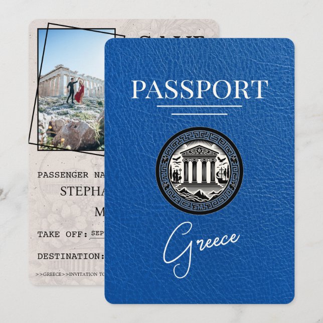 Royal Blue Greece Passport Save the Date Card (Front/Back)