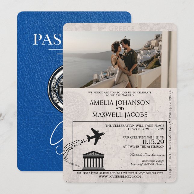 Royal Blue Greece Passport Wedding Invitation (Front/Back)