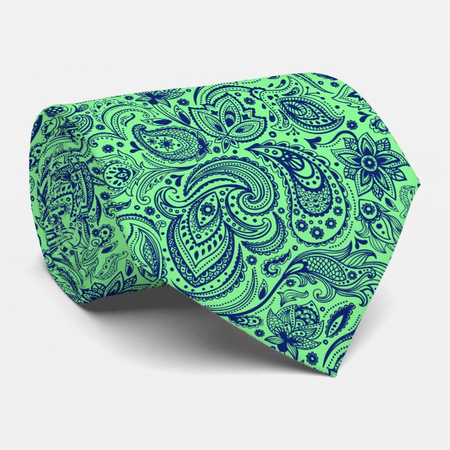 Royal-Blue & Green Floral Paisley Pattern Tie (Rolled)