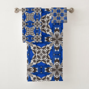 Royal Blue Grey and White Repeat Tile Pattern Bath Towel Set