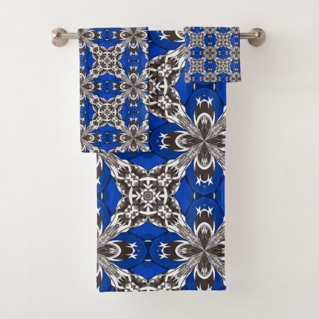 Royal Blue Grey and White Repeat Tile Pattern Bath Towel Set (Insitu)