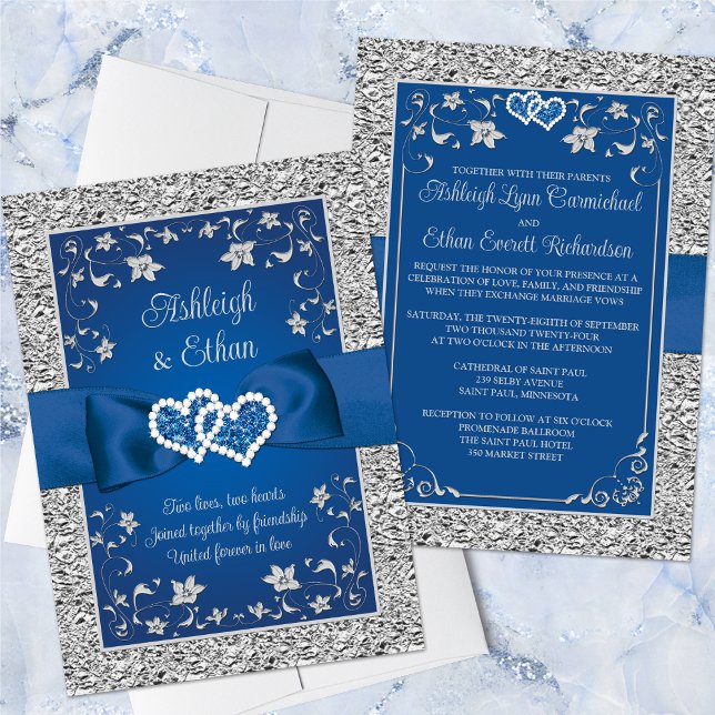 Royal Blue, Grey Love Hearts Faire-part de mariage (Romantic Royal Blue and Silver Grey Wedding Invitation with Ribbon, Bow, Joined Hearts (PRINTED ON).)
