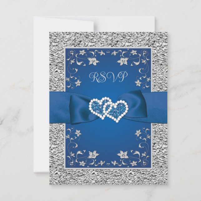 Royal Blue, Grey Love Hearts Mariage Carte RSVP (Devant)