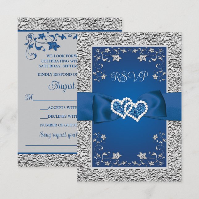 Royal Blue, Grey Love Hearts (SMALL) Wedding RSVP (Front/Back)