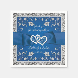 Royal Blue, Grey Love Hearts Wedding Napkin