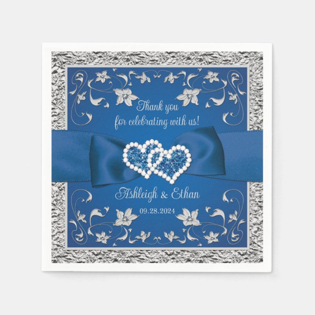 Royal Blue, Grey Love Hearts Wedding Napkin (Front)