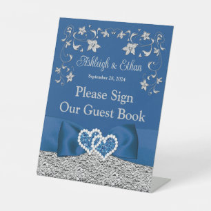 Royal Blue, Grey Love Hearts Wedding Pedestal Sign
