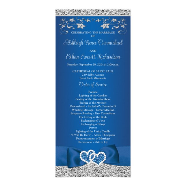 Royal Blue, Grey Love Hearts Wedding Program (Front)