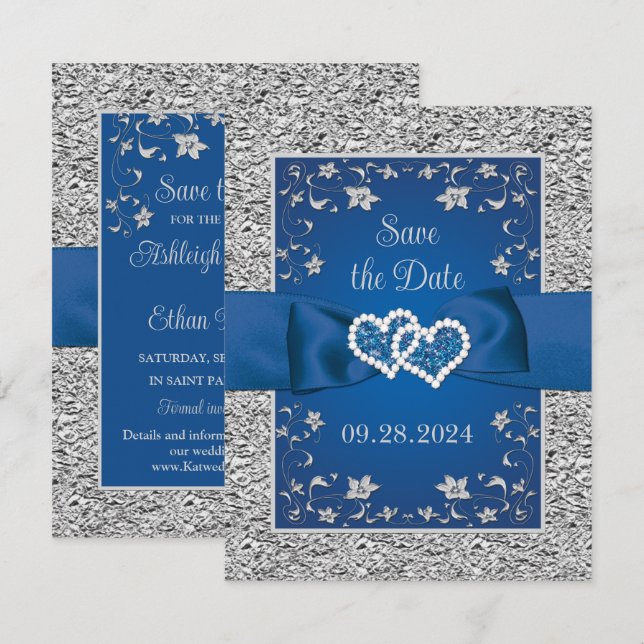 Royal Blue, Grey Love Hearts Wedding Save the Date (Front/Back)